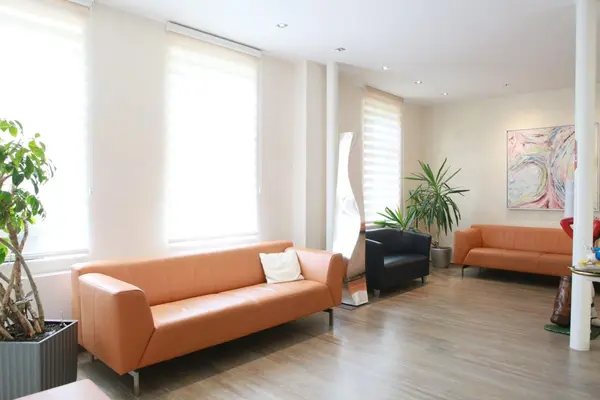 Heller Wartebereich mit Ledersofas, Zimmerpflanzen, modernem Bild und großen Fenstern.